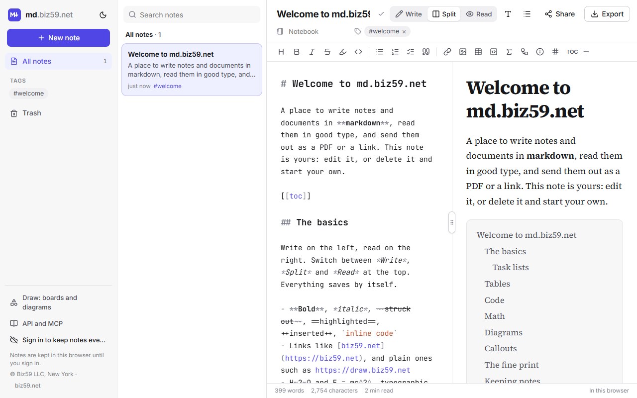 md.biz59.net with a note in split view: markdown on the left and the finished page on the right